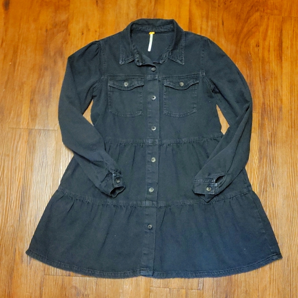 Free People Womens Denim Dress Button Up Shirt Distressed Black XS